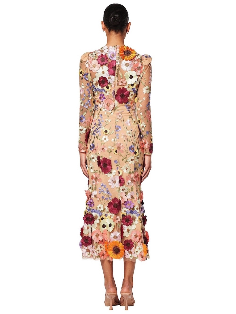 Floral Appliqué Sheer Long-Sleeve Midi Dress - Multi - Picture 4 of 11